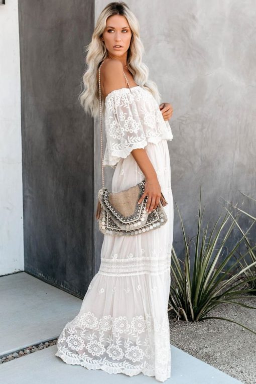 CUTESOVE Floral Embroidered Off Shoulder Lace Maxi Beach Vacation Dress ...