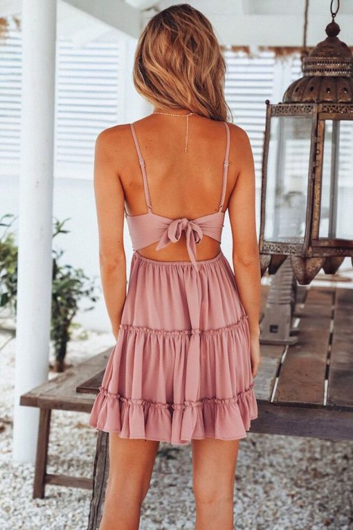 Tie Back Lace Crochet V Neck Mini Summer Sundress – Pink – cutesove