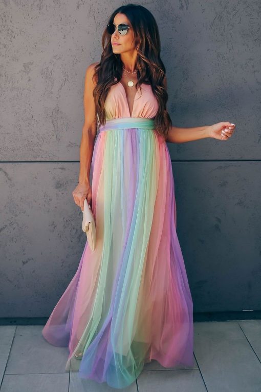 CUTESOVE Rainbow Striped Maxi Boho Style Dress – Multicolor – cutesove
