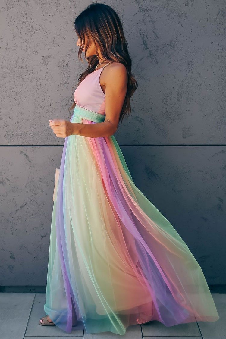 CUTESOVE Rainbow Striped Maxi Boho Style Dress – Multicolor – cutesove