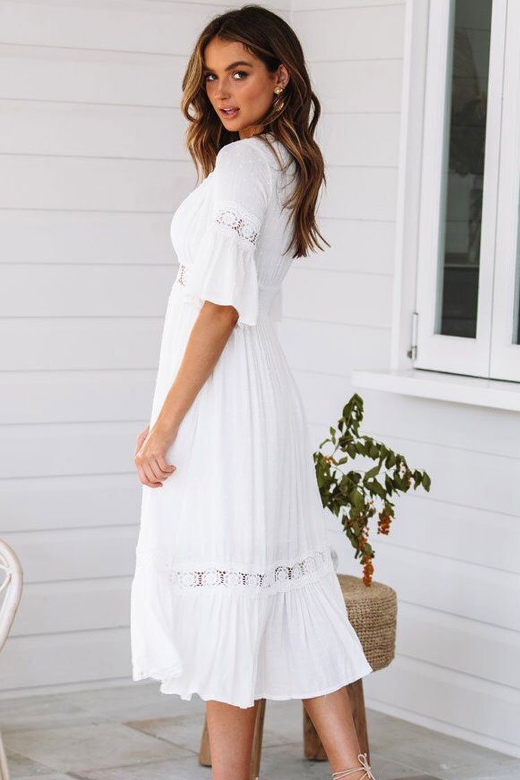 CUTESOVE Short Sleeve Crochet Lace Chiffon Midi Dress – White – cutesove