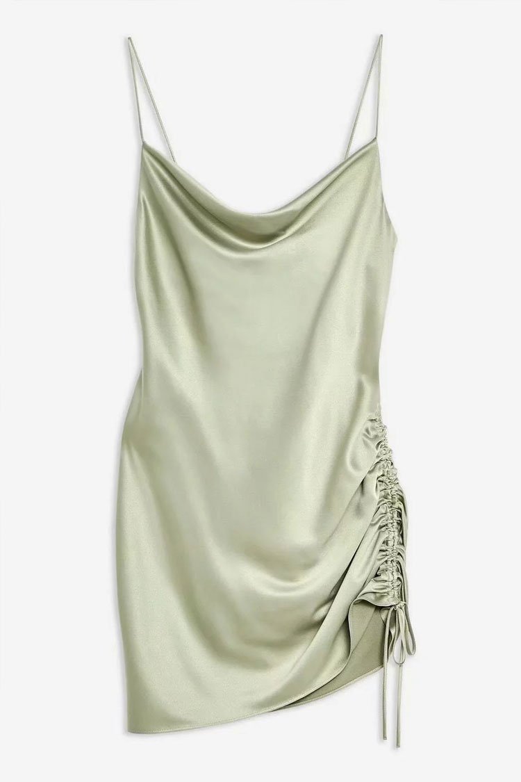 CUTESOVE Silky Cowl Neck Tie Side Ruched Satin Slip Mini Dress – Sage ...