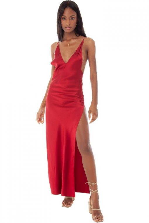 CUTESOVE Silky High Slit Backless Satin Slip Maxi Dress – Red – cutesove