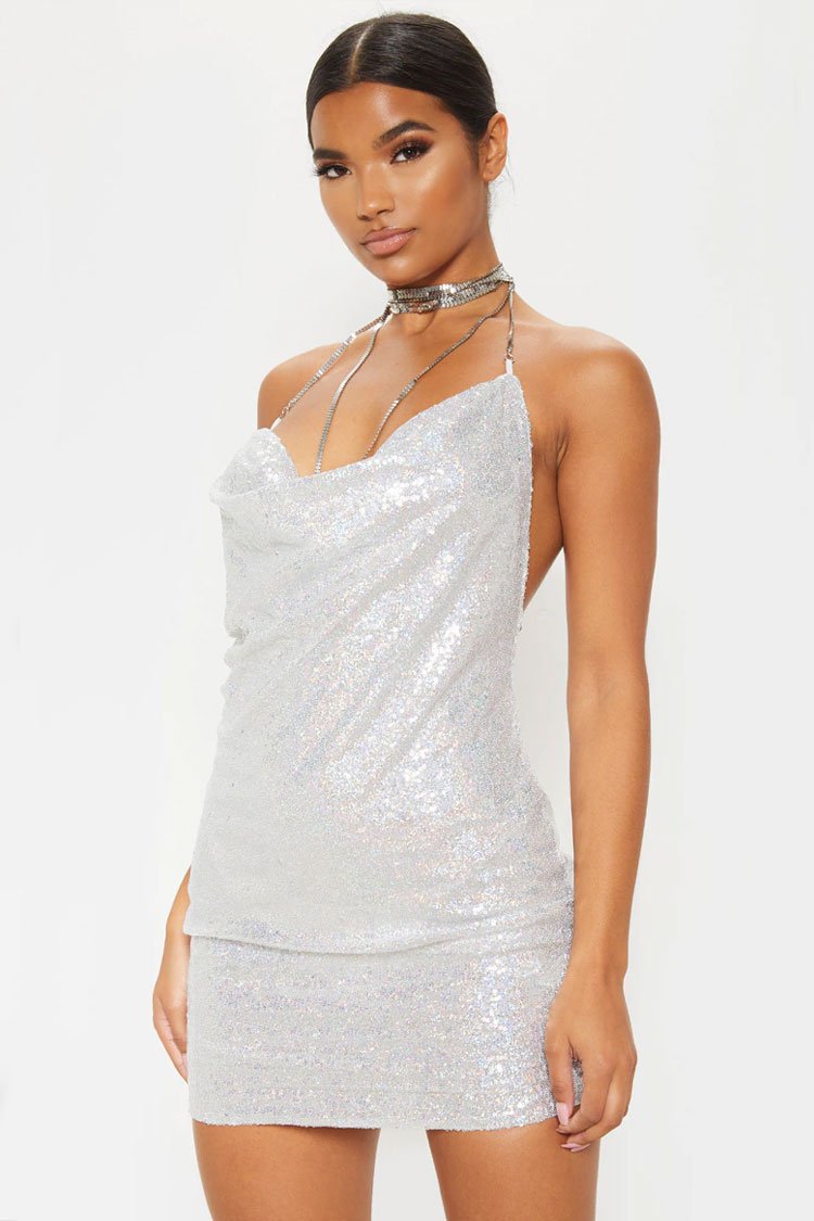 CUTESOVE Sparkling Sequin Cowl Neck Chain Choker Backless Mini Dress ...
