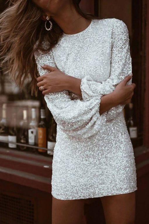 CUTESOVE Sparkly Long Sleeve Round Neck Sequin Mini Dress – White